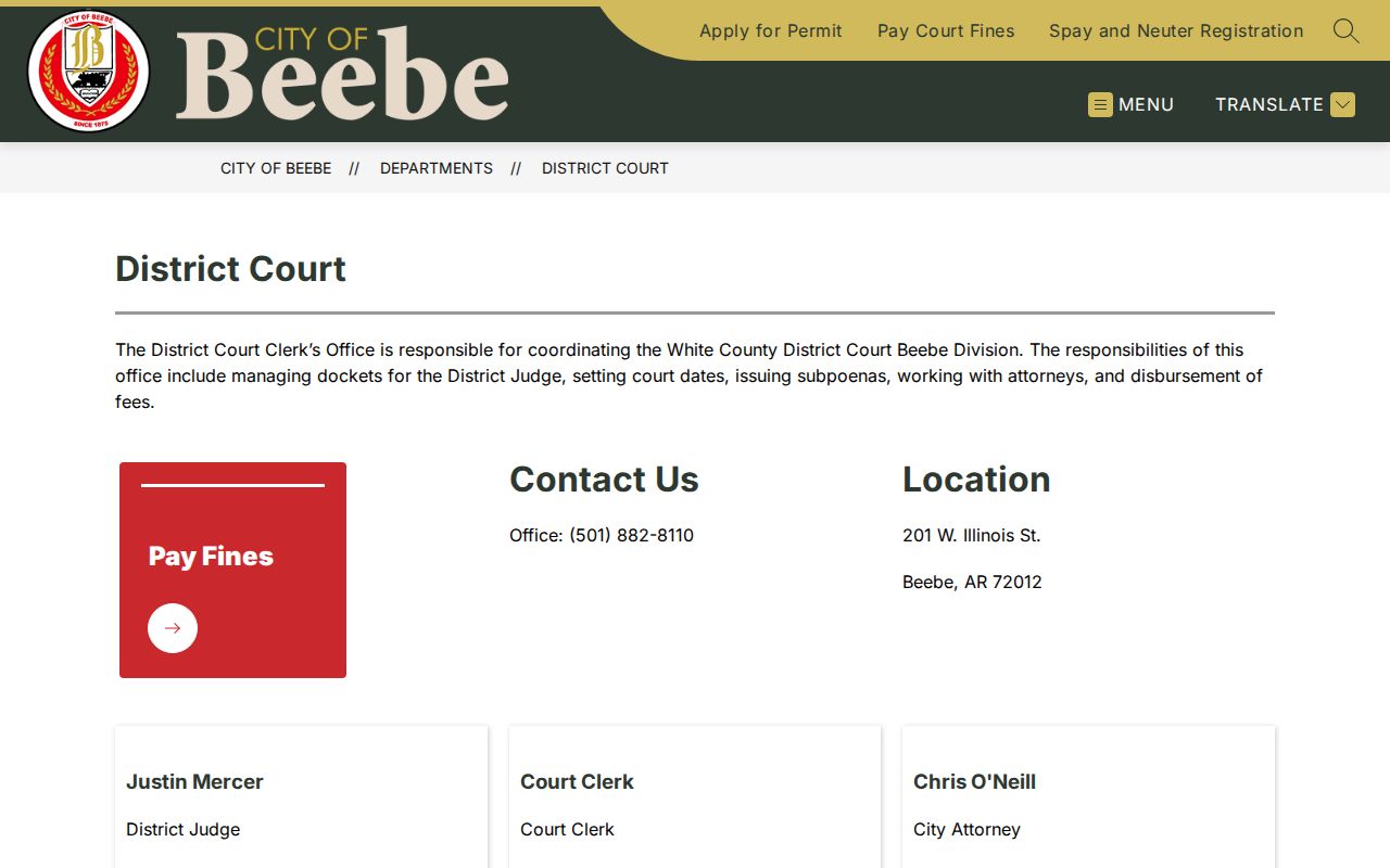 Beebe court records information on the official District Court page