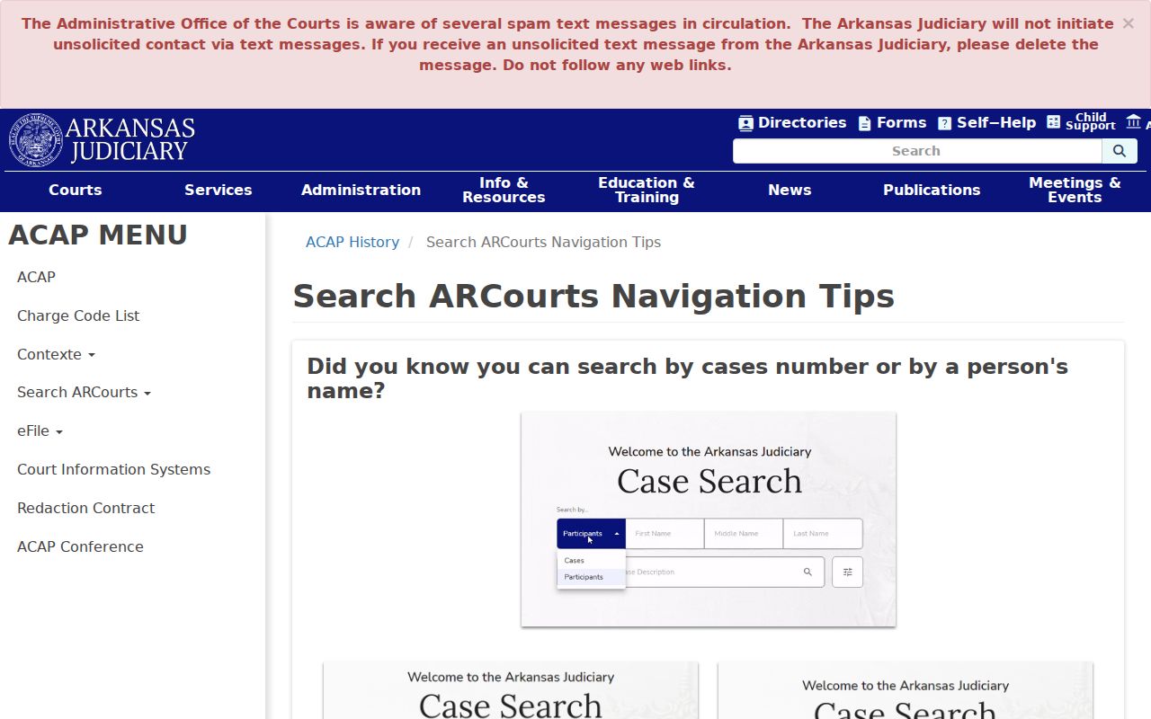 Search ARCourts navigation tips for a White County docket search